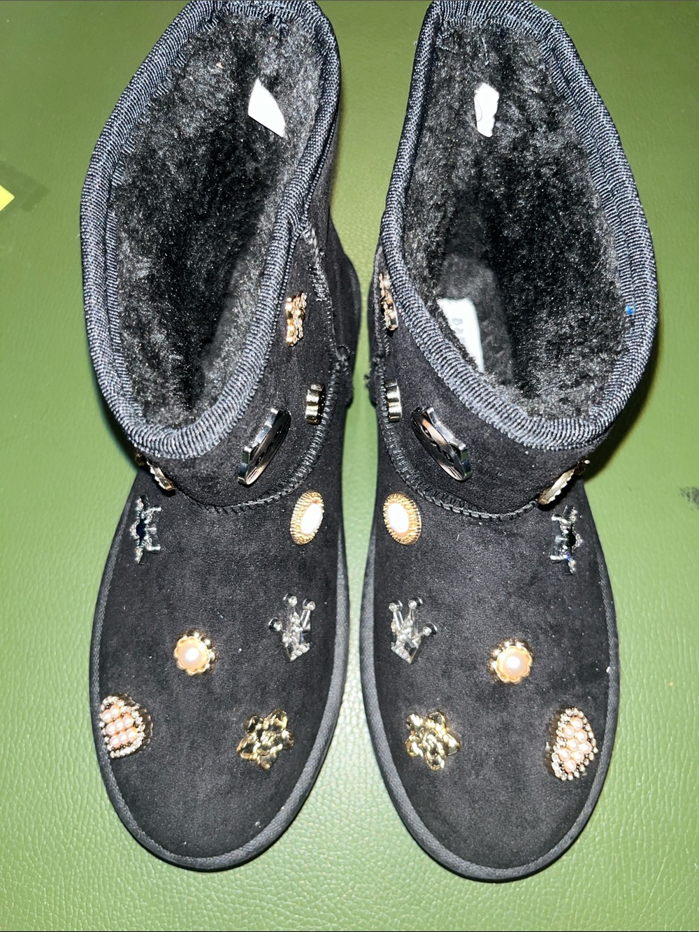 BAMBOO Black Embellished Faux-Fur Ankle Booties